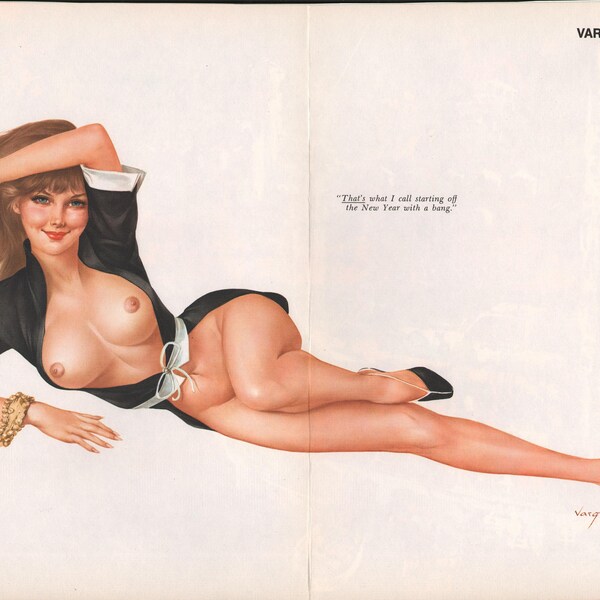 Vargas Playboy Jan 1971 Magnifique Brunette Sonnant dans le Nouvel An Gatefold 11x16