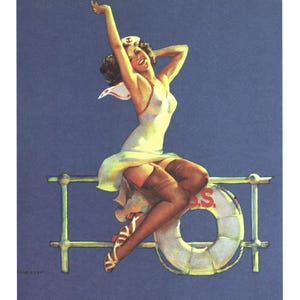 Elvgren creó &quot;Los tobillos pesan&quot;. Hermosa niña sentada en la barandilla de un barco, 1939, 8 x 10