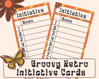 May include: Two printable groovy retro initiative cards with orange and yellow stripes, brown flowers, and a butterfly. The cards have the word "Initiative" at the top and a space for names and numbers 1-12.