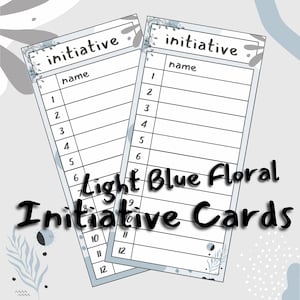 以下が含まれることがあります： 「initiative」という単語が上部に書かれた、薄い青色の花柄の印刷可能なイニシアチブカード2枚。1から12までの番号のリストがあり、各番号の横に名前を書くための空白があります。
