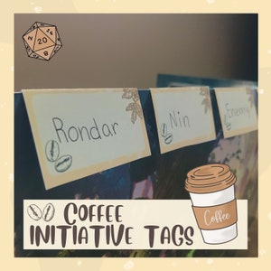 May include: Coffee initiative tags with names "Rondar", "Nin", and "Enemy" written on them. A brown and white coffee cup with the word "Coffee" written on it is in the bottom right corner of the image.