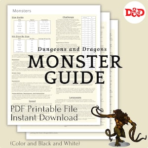 May include: A printable Dungeons and Dragons Monster Guide with a green monster illustration. The guide includes information on size, hit dice, challenge rating, alignment, armor class, equipment, vulnerabilities, resistances, immunities, speed, languages, and experience points. The text "PDF Printable File Instant Download (Color and Black and White)" is at the bottom of the page.
