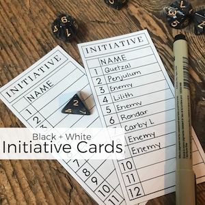 May include: Black and white initiative cards with a numbered grid and spaces for names. The cards are used for role-playing games to determine the order of turns.