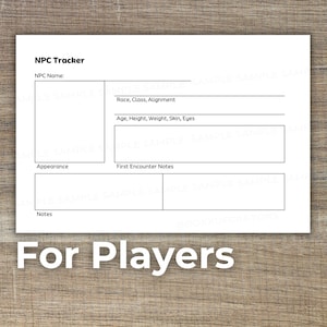 Puede incluir: Una hoja de seguimiento de PNJ imprimible en blanco y negro para juegos de rol. La hoja tiene secciones para el nombre del PNJ, la raza, la clase, la alineación, la edad, la altura, el peso, la piel, los ojos, la apariencia, las notas del primer encuentro y las notas.