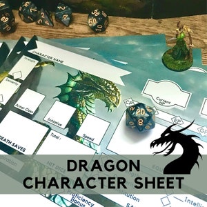 May include: A green dragon character sheet with a black silhouette of a dragon in the bottom right corner. The sheet has fields for character name, strength, dexterity, armor class, initiative, speed, hit dice, proficiency bonus, and more. There are also several black and green dice on the table.