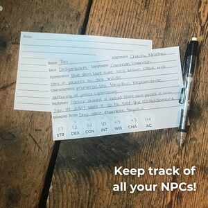 May include: A white index card with black handwritten text describing a character named Taz. Taz is a Dragonborn with blue skin, blue eyes, and a long brown cloak. The card includes character stats and roleplay notes. The text "Keep track of all your NPCs!" is written below the card.