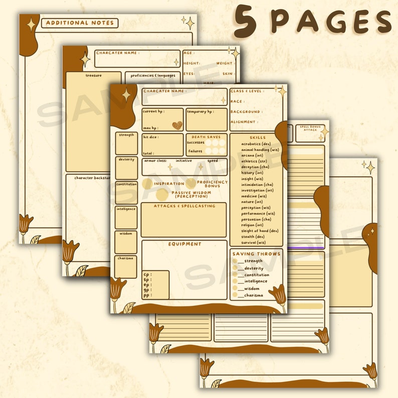 DND Boho Character Sheet - PDF Printable - Etsy