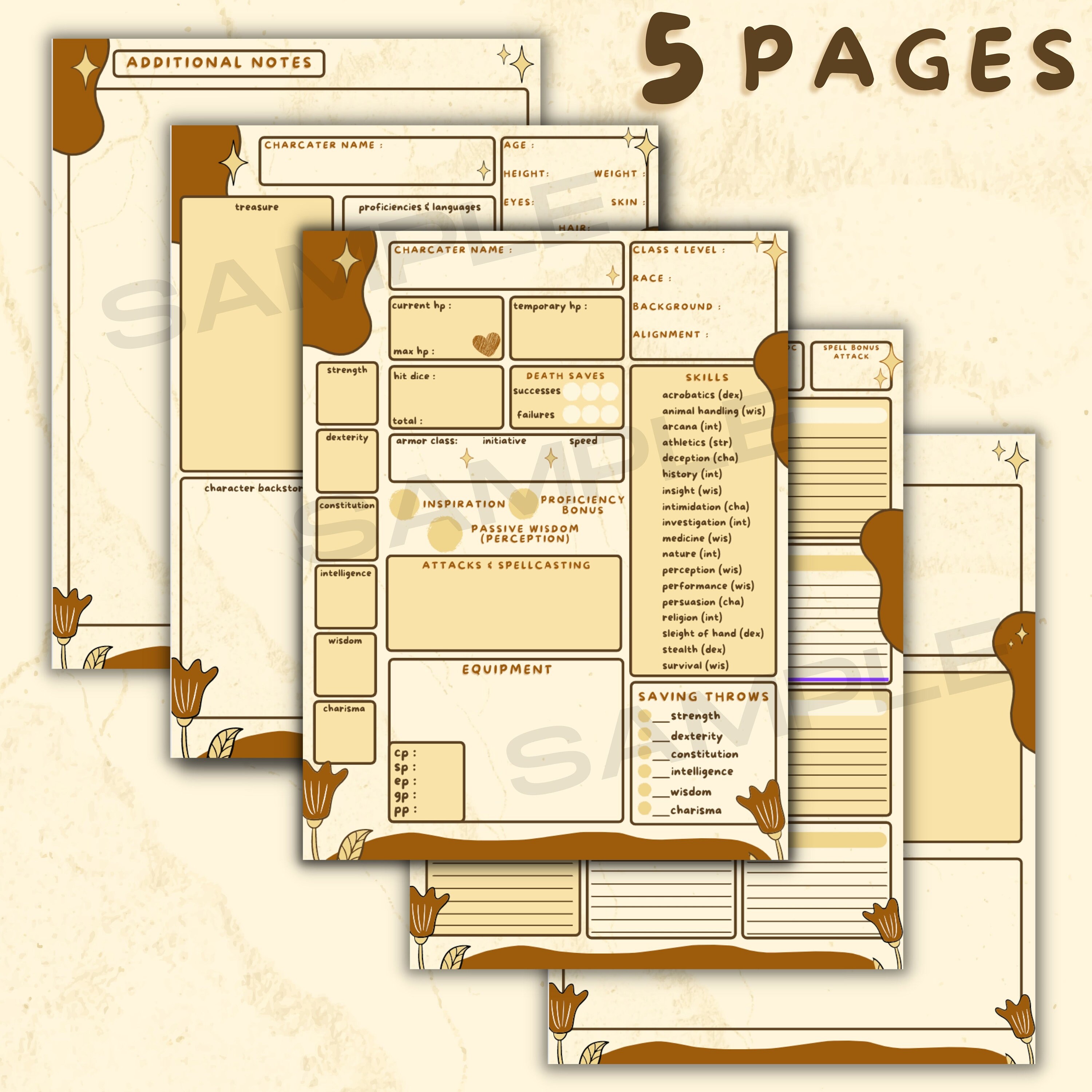 DND Boho Character Sheet - PDF Printable - Etsy