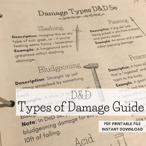 May include: A printable guide to damage types in Dungeons & Dragons 5th Edition. The guide includes descriptions and examples of slashing, bludgeoning, piercing, poison, and acid damage.