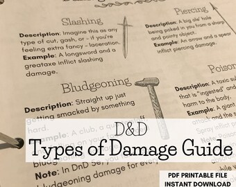 May include: A printable guide to damage types in Dungeons & Dragons 5th Edition. The guide includes descriptions and examples of slashing, bludgeoning, piercing, poison, and acid damage.