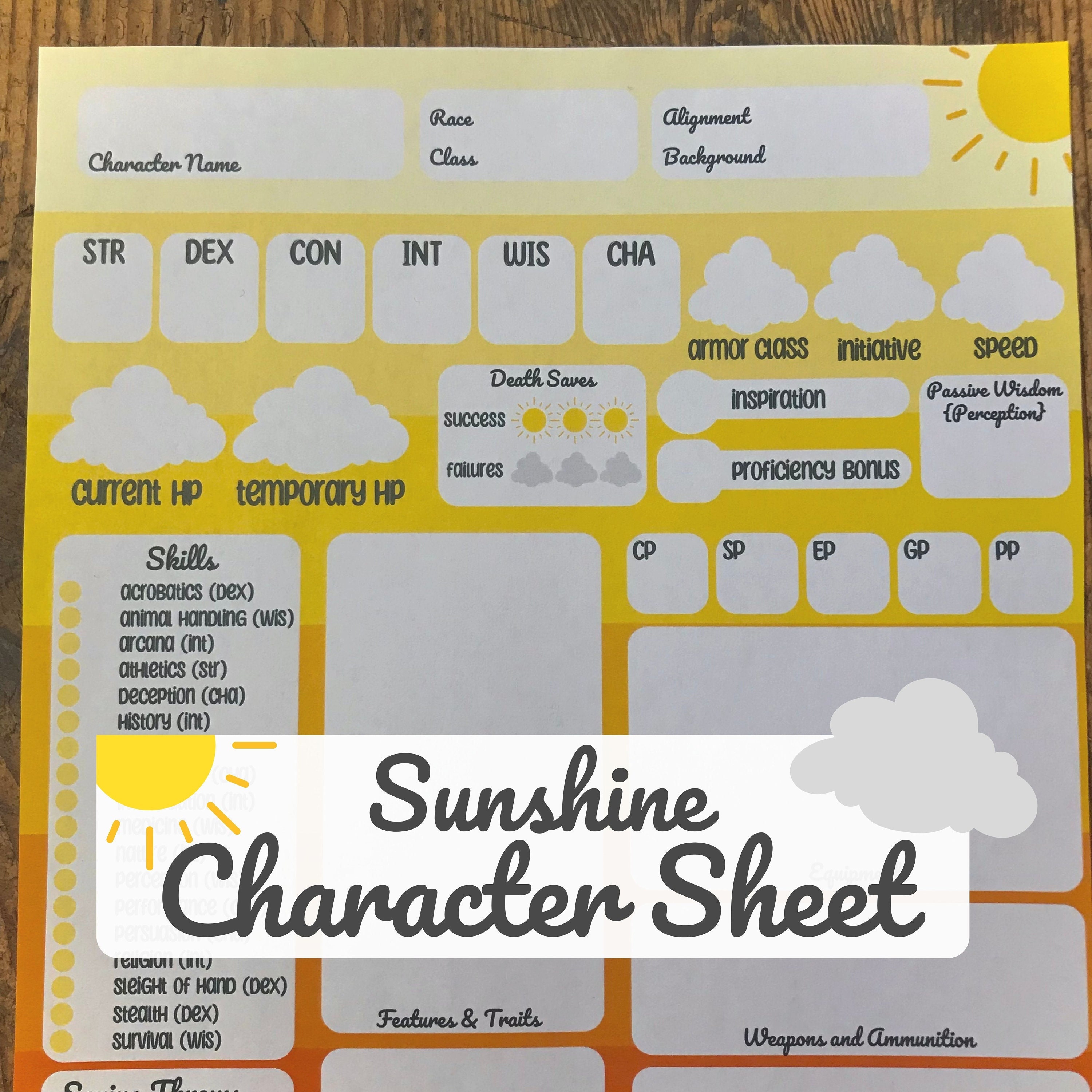 DND Sunshine Character Sheet PDF Printable - Etsy