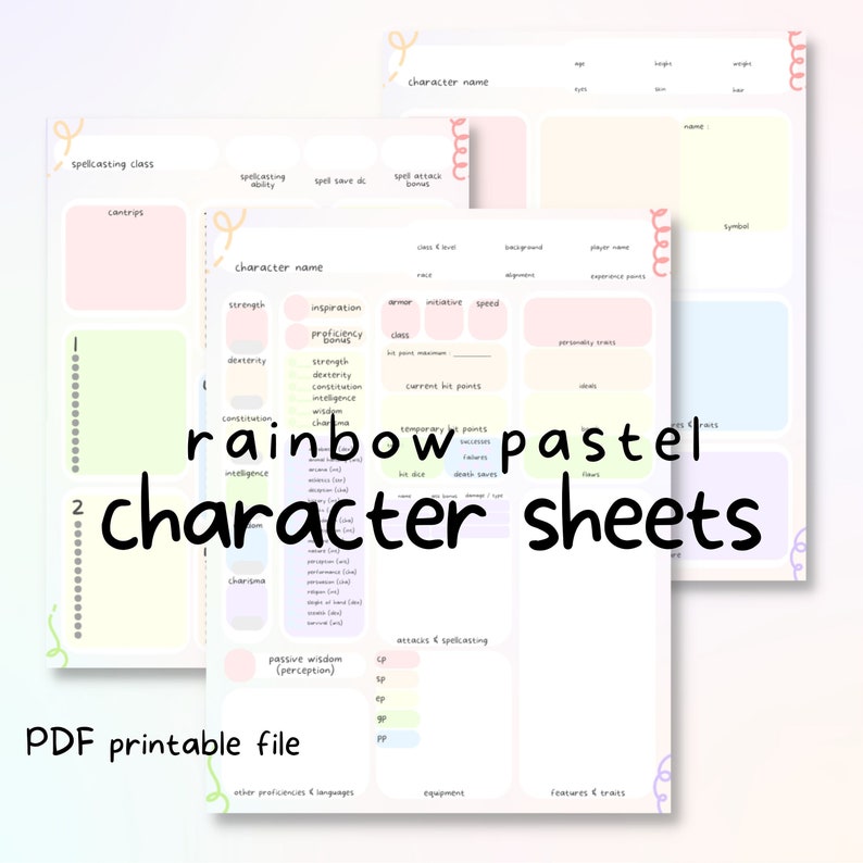 DND Rainbow Pastel Character Sheet PDF Printable - Etsy