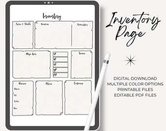 May include: A printable inventory page for role-playing games. The page is divided into sections for armor, weapons, magic items, resources, potions, and containers. The page has a distressed paper texture and a black outline.