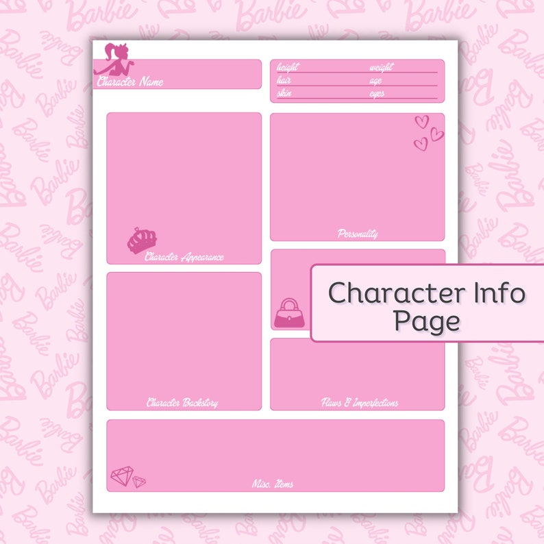 DND Barbie Themed Character Sheet PDF Printable File Digital Download