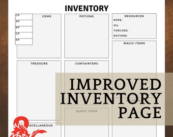 May include: A printable inventory sheet for role-playing games. The sheet is divided into sections for gems, potions, resources, magic items, treasure, containers, quest items, and miscellaneous items. The sheet has a black and white design with a red and white Dungeons and Dragons logo in the bottom left corner.