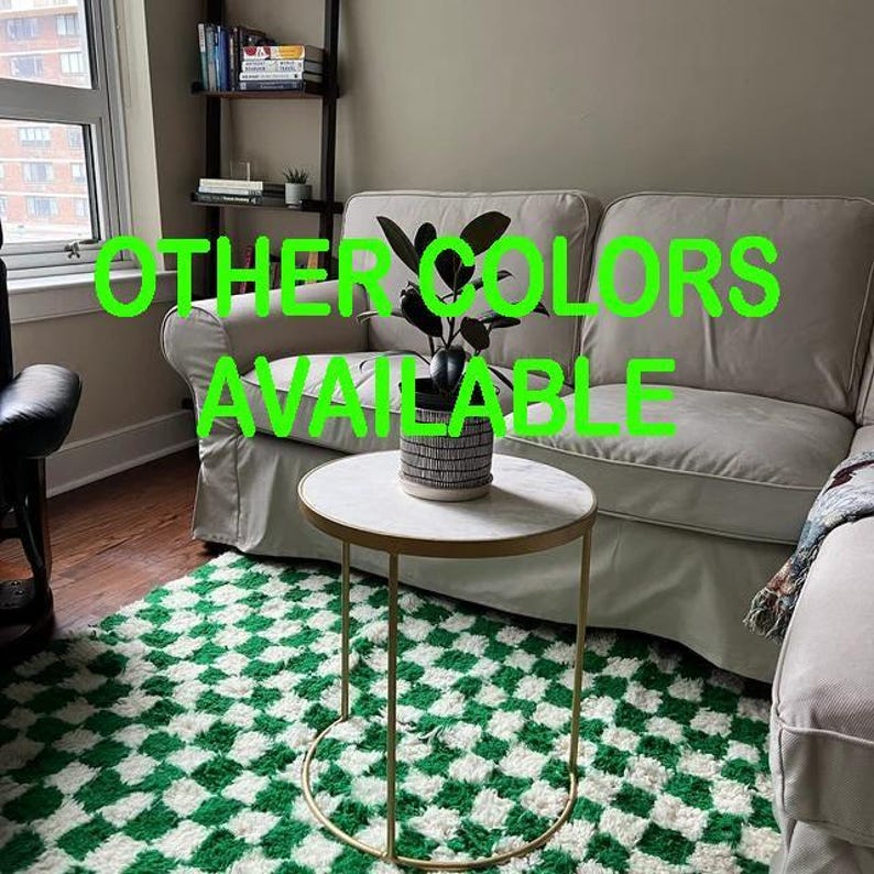 Checkered Rug: handmade wool Moroccan Berber Carpet blue yellow green