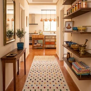 Puede incluir: Un pasillo con una alfombra crema con diseños florales coloridos dispersos. Estantes de madera oscura exhiben utensilios de cocina, y una consola de madera alberga una planta en maceta y un espejo. Lámparas colgantes de color cobre cuelgan al fondo.