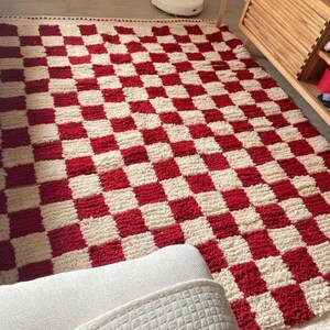 Checkered Rug: handmade wool Moroccan Berber Carpet blue yellow green