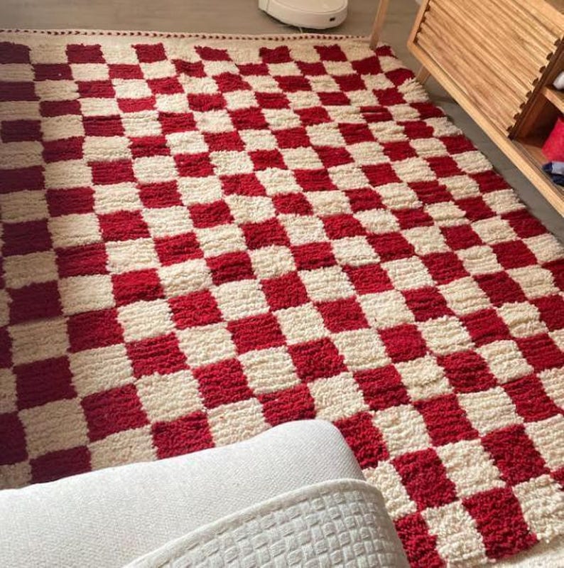 Checkered Rug: handmade wool Moroccan Berber Carpet blue yellow green