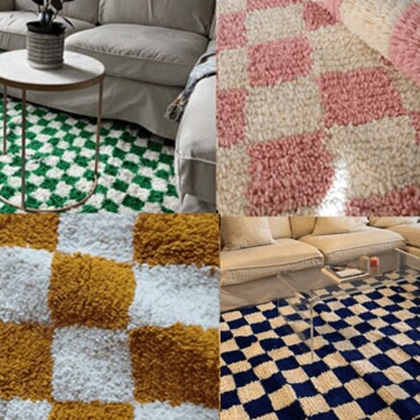 Checkered Moroccan area rug, handmade wool checkered checks rug for livingroom, handknotted checkerboard carpet, white and blue green yellow