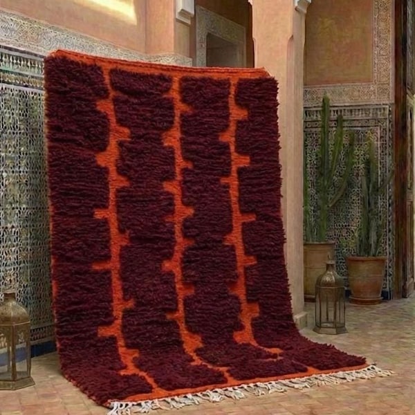 Handmade Moroccan Wool Rug – Burgundy Orange Geometric Beni Ourain Berber Carpet