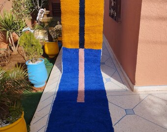 Moroccan rug runner, handmade blue and mustard yellow rug runner, cute rug runner hand woven carpet runner handknotted gorgeous rug