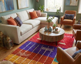 Alfombra marroquí colorida para sala de estar, alfombra colorida de estilo bereber hecha a mano