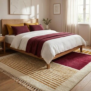 Red Moroccan Rug white Stripes Modern Handwoven Wool Berber