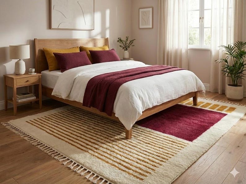 Red Moroccan Rug white Stripes Modern Handwoven Wool Berber