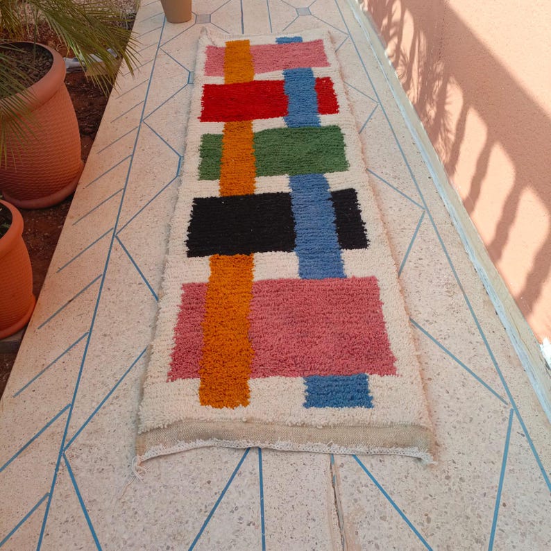 Handwoven Moroccan Wool Runner Rug: Bohemian Hallway Carpet