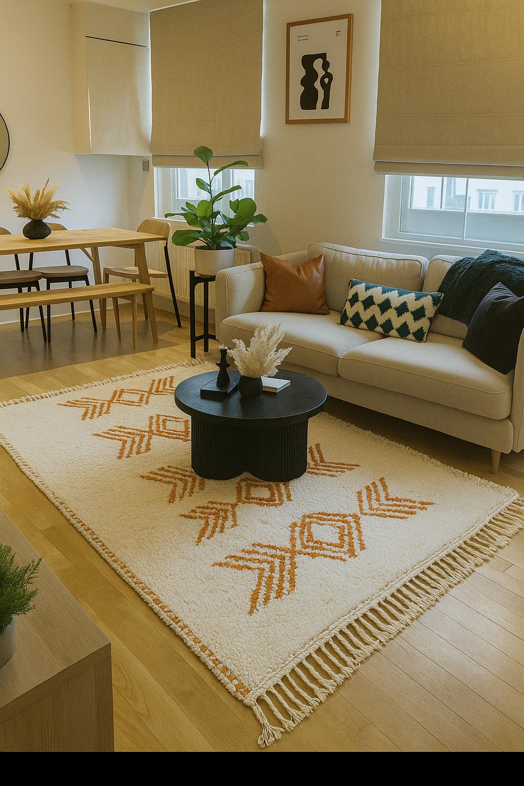 Ivory Moroccan Berber Wool Rug Handmade Orange Geometric Tribal Design ...