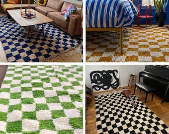 Checkered Moroccan area rug, handmade wool checkered checks rug for livingroom, handknotted checkerboard carpet, white and blue green yellow