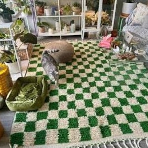 Checkered Rug: handmade wool Moroccan Berber Carpet blue yellow green