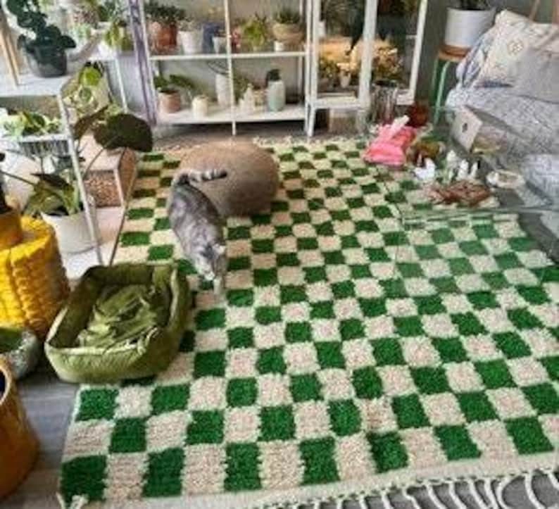 Checkered Rug: handmade wool Moroccan Berber Carpet blue yellow green