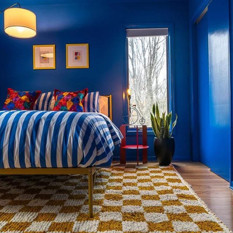 Checkered Rug: handmade wool Moroccan Berber Carpet blue yellow green