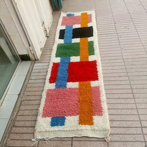 Handwoven Moroccan Wool Runner Rug: Bohemian Hallway Carpet