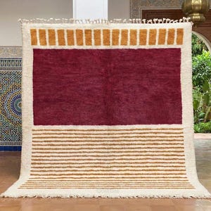 Red Moroccan Rug white Stripes Modern Handwoven Wool Berber