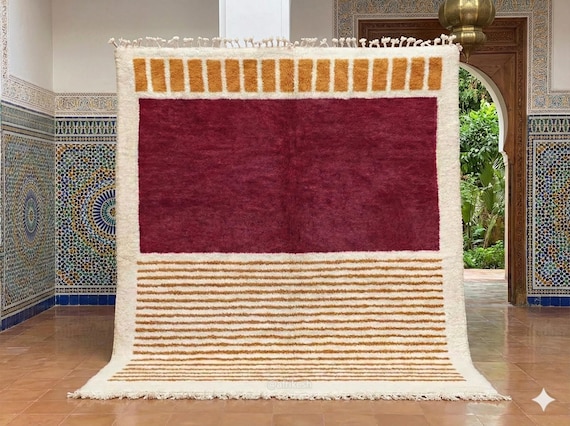 Colorful Moroccan Wool Rug 8x10 9x12 Handmade Modern Rug mustard yellow white burgundy carpet