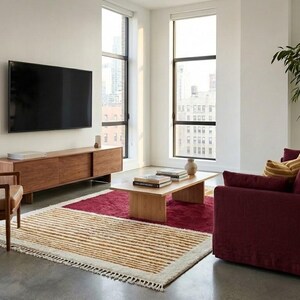 Red Moroccan Rug white Stripes Modern Handwoven Wool Berber