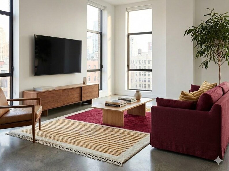 Red Moroccan Rug white Stripes Modern Handwoven Wool Berber