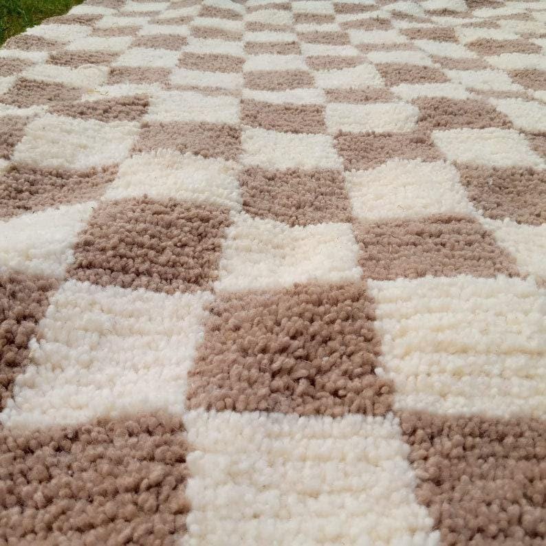 Checkered Rug: handmade wool Moroccan Berber Carpet blue yellow green