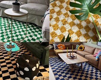 Tappeto marocchino a quadretti, tappeto a quadretti in lana fatto a mano per soggiorno, tappeto a scacchiera annodato a mano, bianco e blu verde giallo