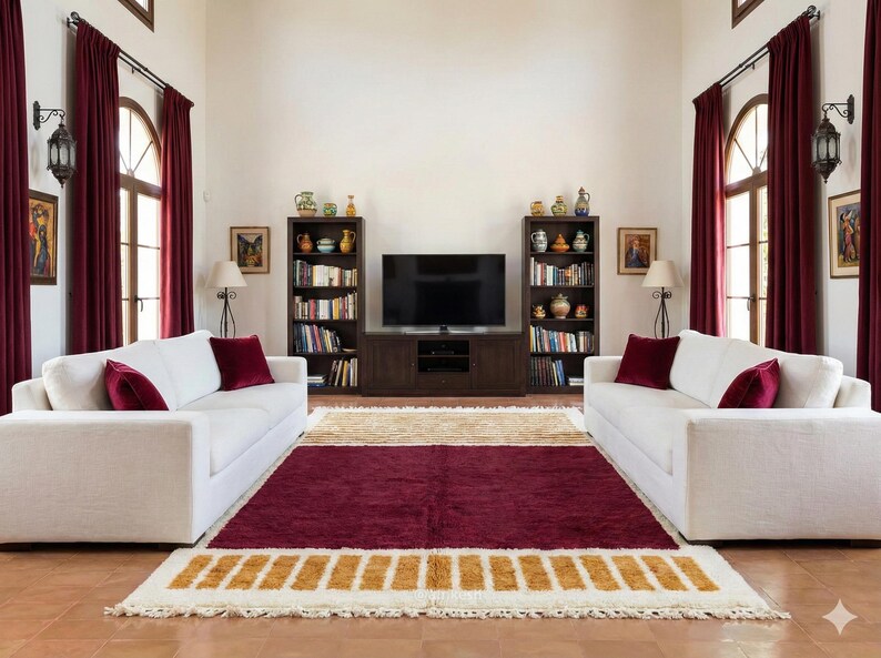 Red Moroccan Rug white Stripes Modern Handwoven Wool Berber