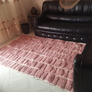 Handmade Pink Moroccan Wool Rug: Berber Checkered Carpet