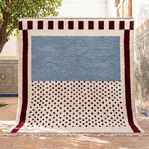 Light Blue Moroccan Wool Rug Handmade Cream Burgundy Area Rug 9x12