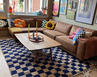 Blue Checkered Moroccan Wool Rug: Handwoven Checkerboard Carpet