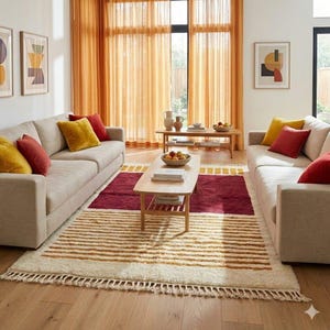 Red Moroccan Rug white Stripes Modern Handwoven Wool Berber