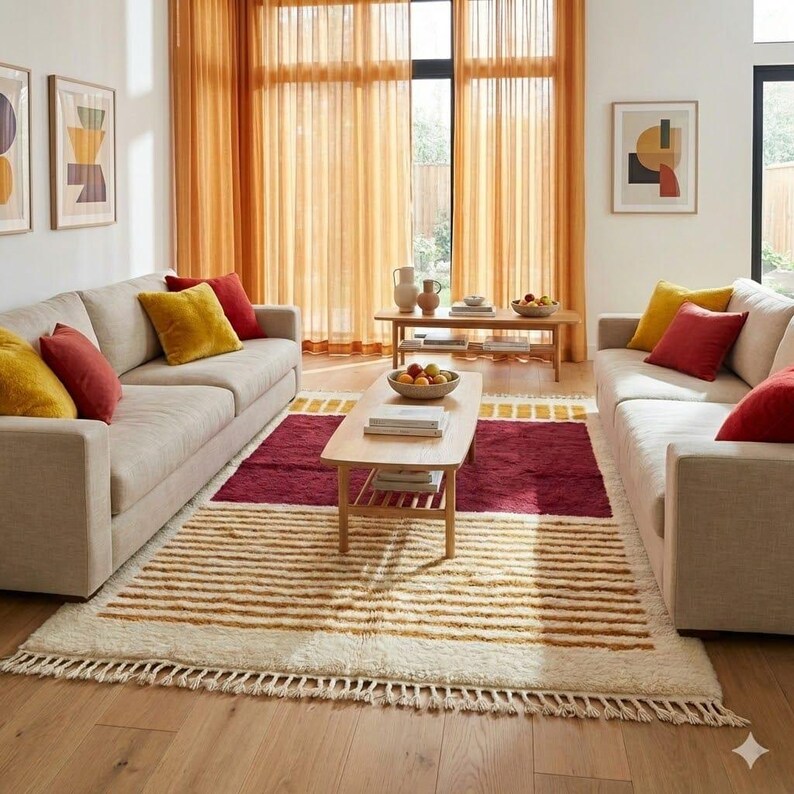 Red Moroccan Rug white Stripes Modern Handwoven Wool Berber