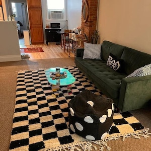 Checkered Rug: handmade wool Moroccan Berber Carpet blue yellow green
