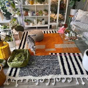 Modern Berber Rug – Orange Striped Moroccan Wool Carpet for Living Room